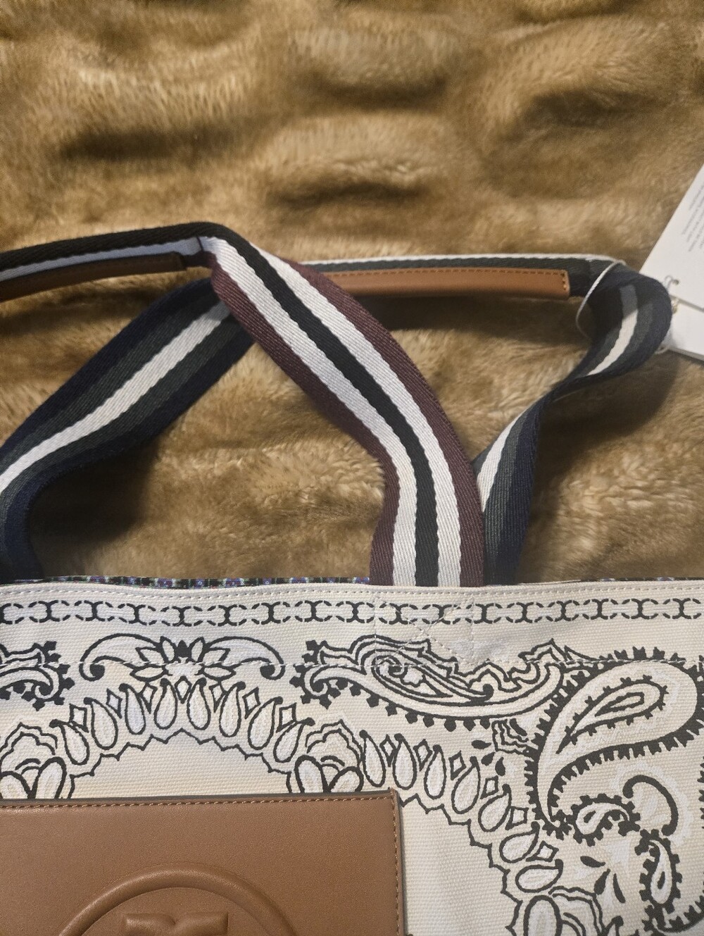 Tory Burch White Canvas Tote with Tan Leather Logo Patch and Black Paisley Print - Picture 6 of 6